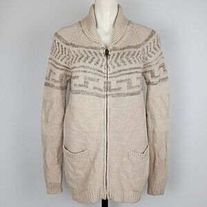 TNA Women's Knit Cream Taupe Lambs Wool Cowichan Zip Up Cardigan Pockets Size S